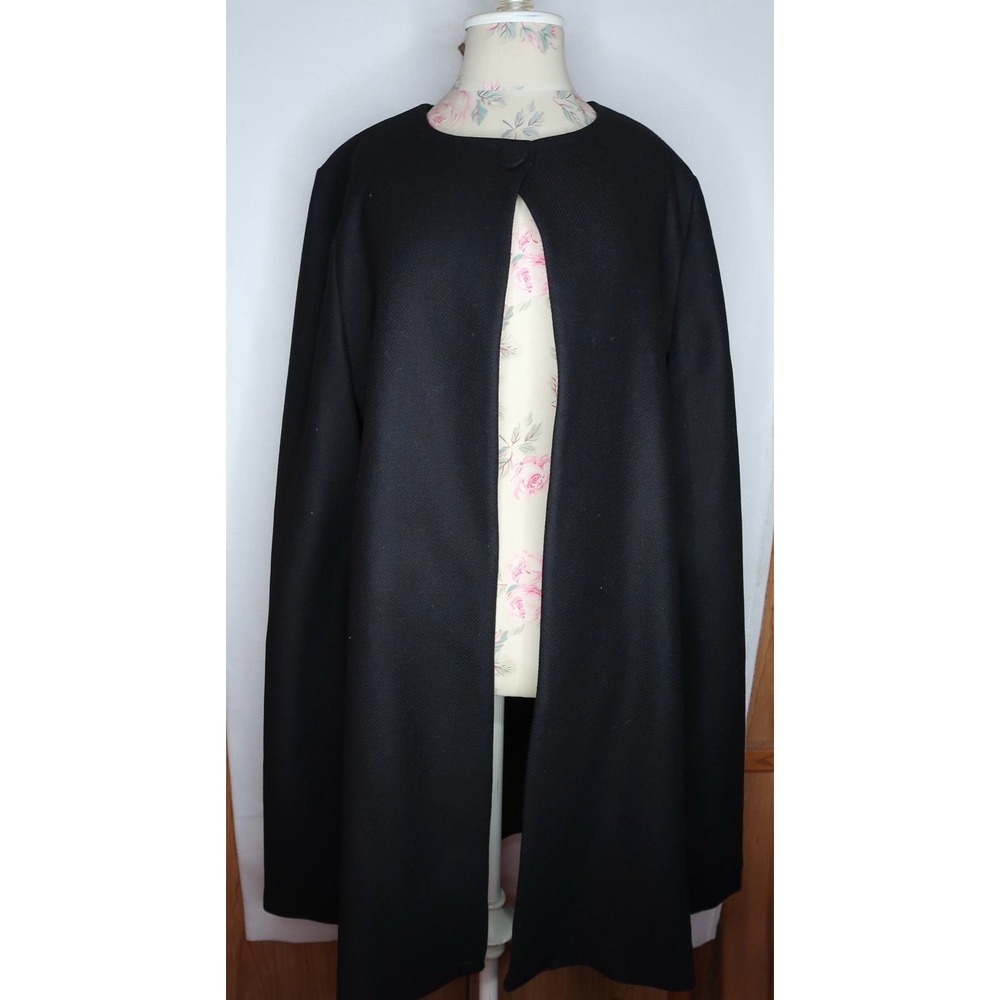 Zara Woman Black Cape Coat Womens XL Collarless Long Open Front Minimalist EUC